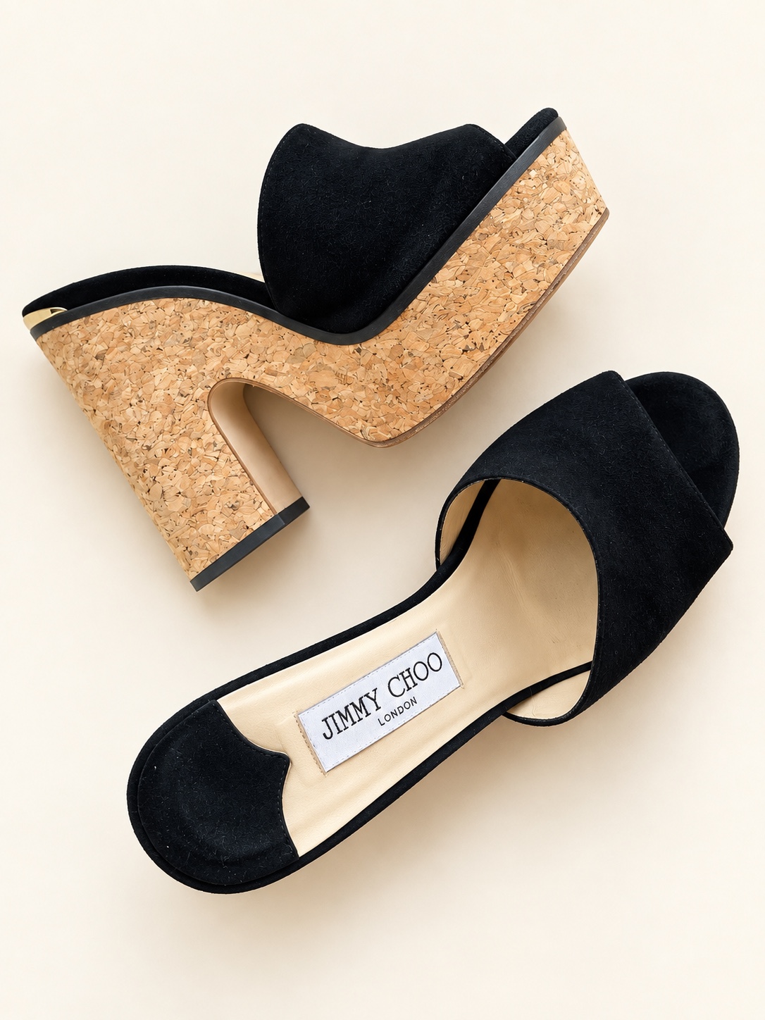 Side profile and top view of the Jimmy Choo black suede cork platform mules