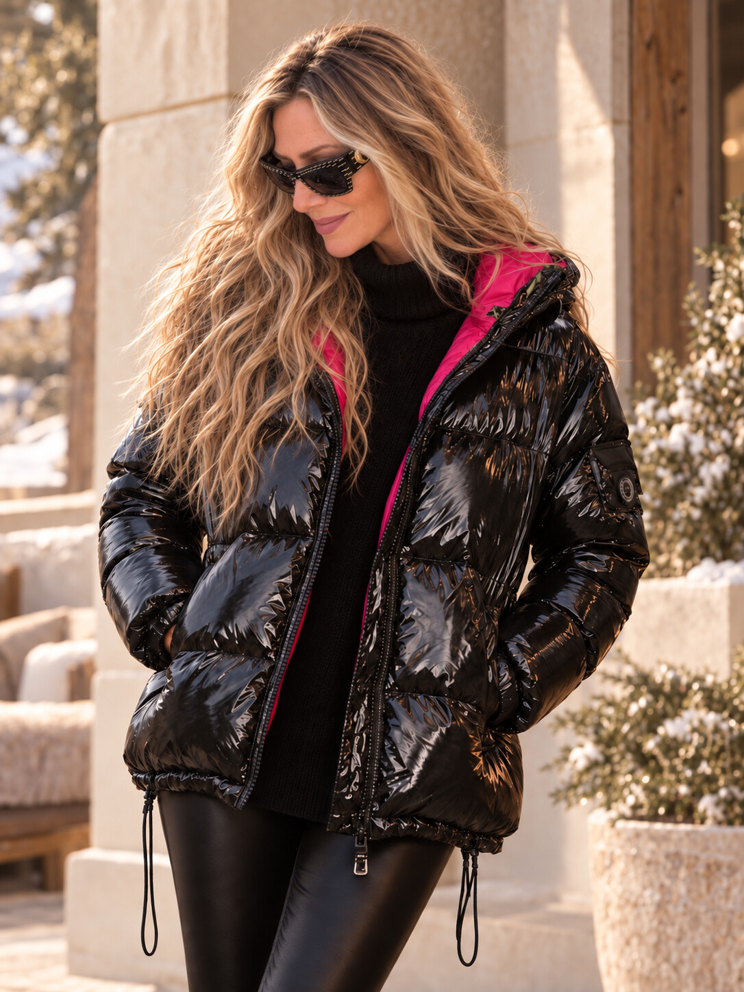 PAJAR Canada glossy black quilted puffer jacket with vibrant hot pink lining